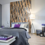Wooden wall panels being used as a feature wall behind a bed within a bedroom