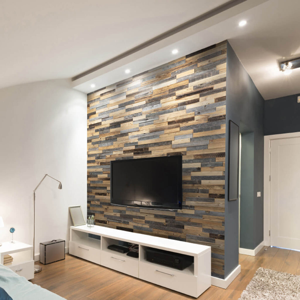 Wooden wall panels used as a feature wall behind a TV unit
