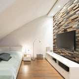 An apartment featuring wood wall panelling and a TV mounted to it
